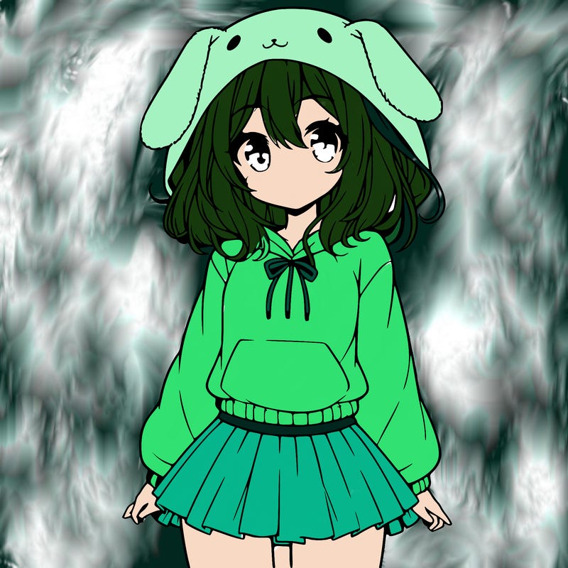 pretty anime girl wearing a fluffy hoodie with bunny ears on the hood and a skirt