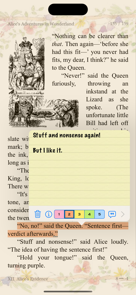 MapleRead CX - MapleRead CX app interface showing a yellow sticky note and highlighted text on a page from Alice in Wonderland