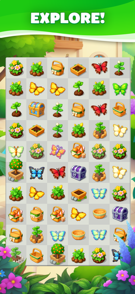 Merge Travel: Build Dream Town - A colorful merge puzzle grid from Merge Travel featuring items like butterflies, plants, and picnic baskets.