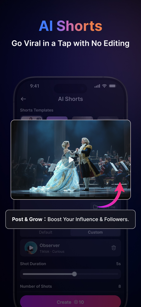 Pollo AIモバイルアプリ画面。ソーシャルメディア成長のためのバイラルAIショート動画作成を実演している。