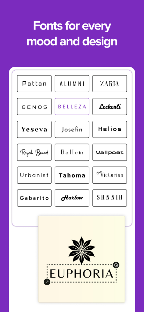 로고 메이커 앱 라이브러리의 프리미엄 글꼴 스타일 및 타이포그래피 선택