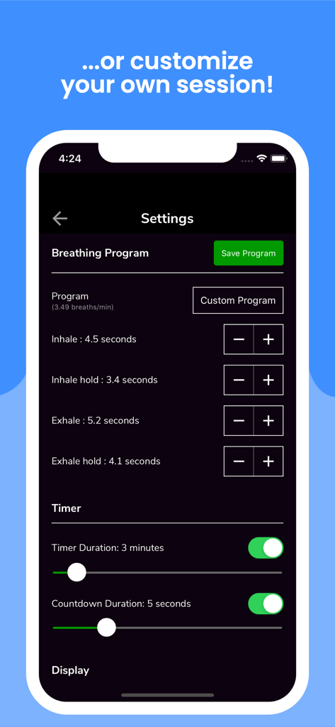 Awesome Breathing: Pacer Timer - Configuración de la aplicación Respiración Increíble para personalizar las duraciones de inhalación y exhalación