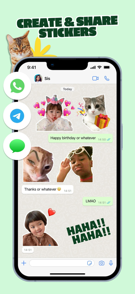 L'application WhatSticker affichant des autocollants photo personnalisés dans une interface de chat mobile.