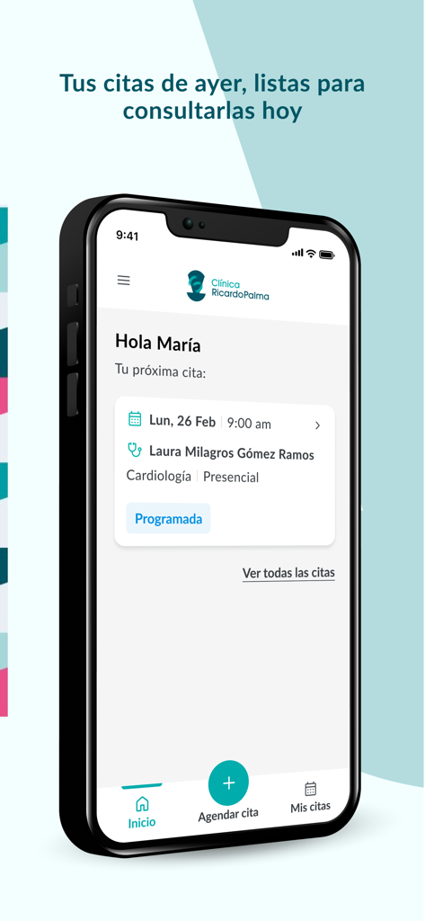 Clínica Ricardo Palma - Mobile app interface showing a scheduled medical appointment at Clinica Ricardo Palma