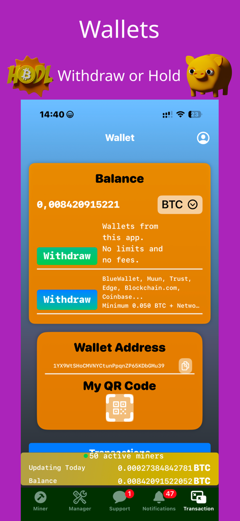 Bildschirm 'Wallet' der Bitcoin Mining App, der das BTC-Guthaben und die Auszahlungsschaltflächen zeigt