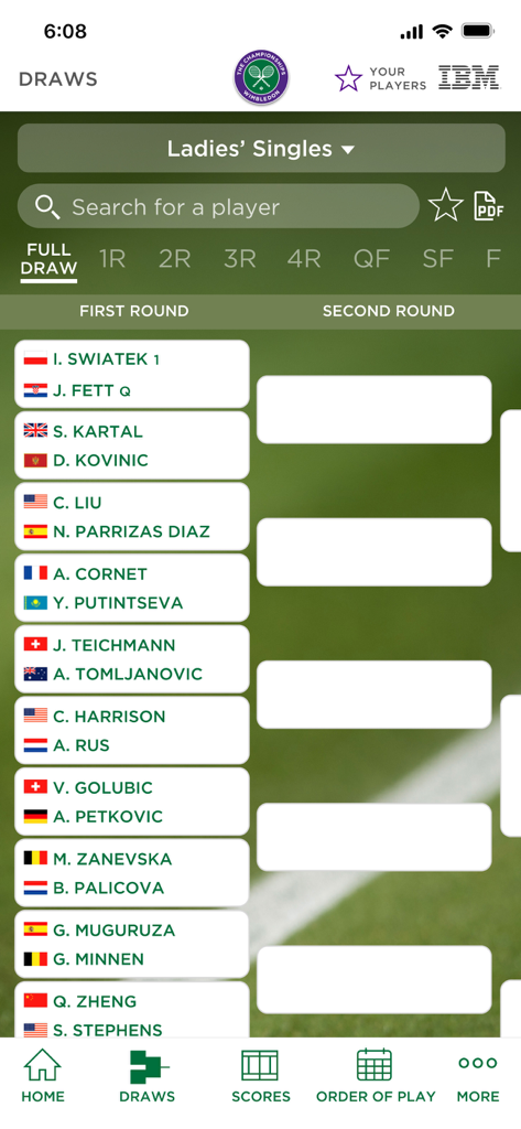 Wimbledon 2025 - A screen from the Wimbledon 2025 app showing the Ladies Singles tournament draw with player matchups and rounds.