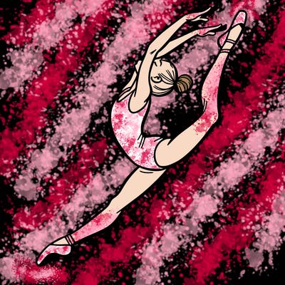 gymnast doing a leap in a leotard with a bent back leg