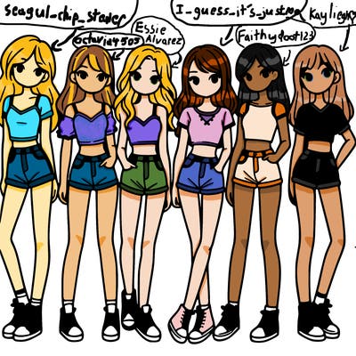 a group of girls wearing crop tops and shorts