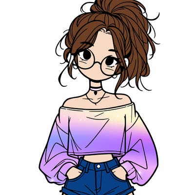 girl with a messy ponytail glasses a baggy crop top and jean shorts