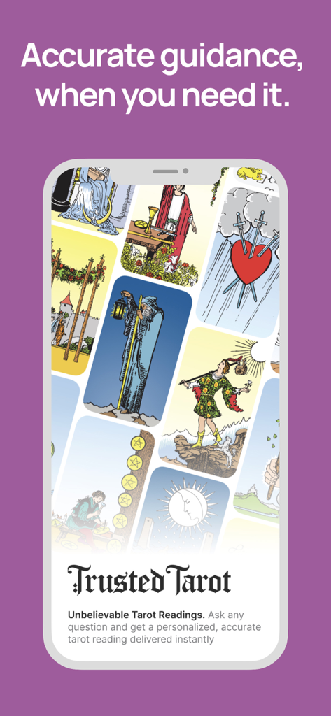 A smartphone screen displaying a collage of traditional tarot cards with the text Accurate guidance when you need it and the Trusted Tarot logo.