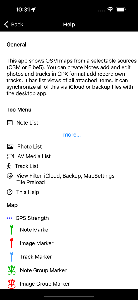 OSM Maps - Help screen of the OSM Maps app showing explanations for menu icons and map markers.