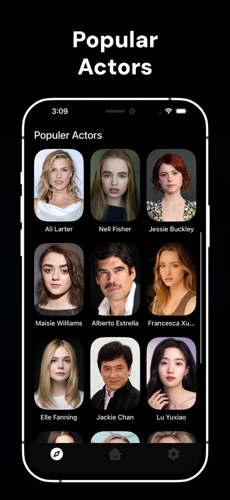 Rave - Movies & TV Shows - Une interface de grille épurée dans l'application Rave affichant les profils d'acteurs populaires comme Jackie Chan et Elle Fanning
