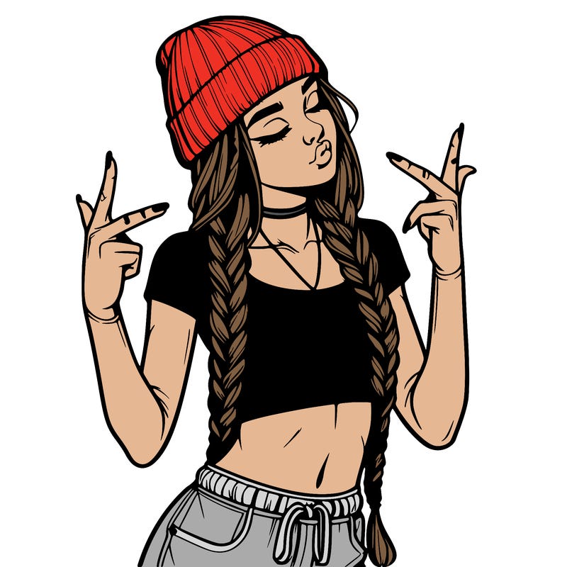 realistic teenage girl with braids and a beanie and crop top doing 🫶🏼