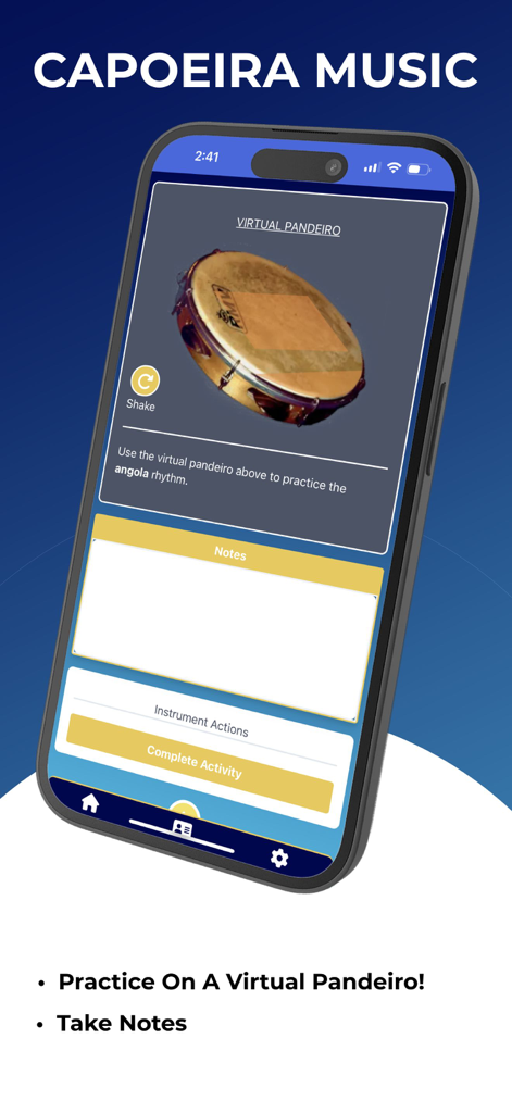 Capoeira Journal - Virtual pandeiro instrument practice and note taking screen in the Capoeira Journal app.