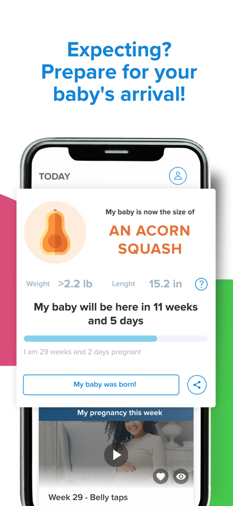Kinedu app screen tracking pregnancy progress showing baby size compared to an acorn squash at 29 weeks