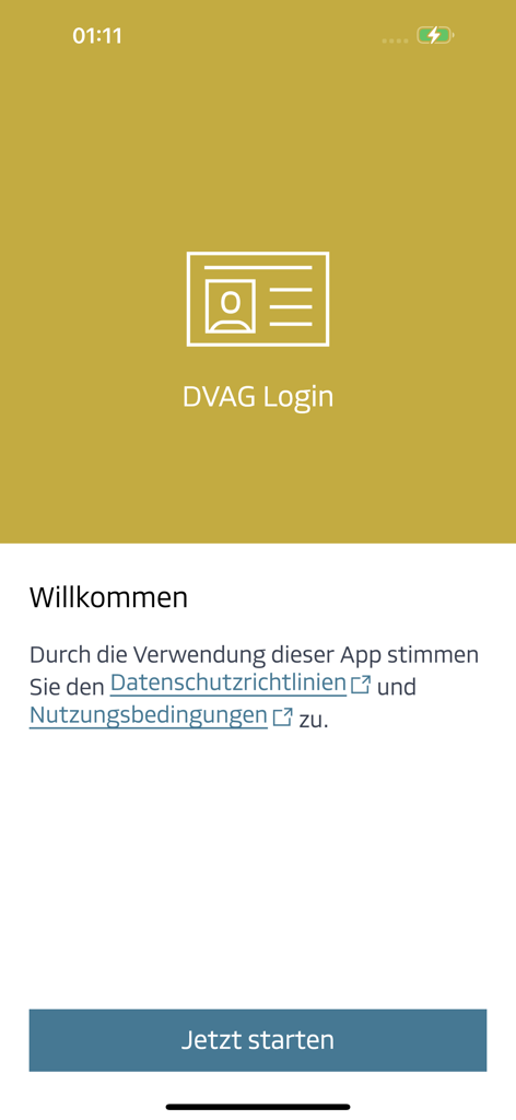 DVAG Login - Willkommensbildschirm der DVAG Login App mit einem Start-Button und Markenlogo