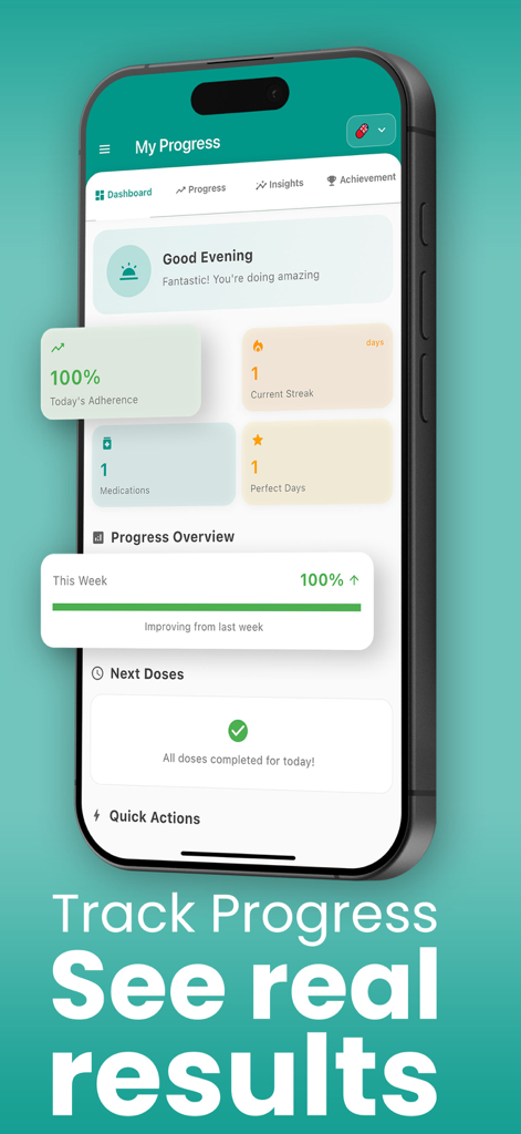 MedAlert: Pill Reminder - Painel do aplicativo MedAlert mostrando 100% de adesão à medicação e rastreamento de progresso semanal em um iPhone