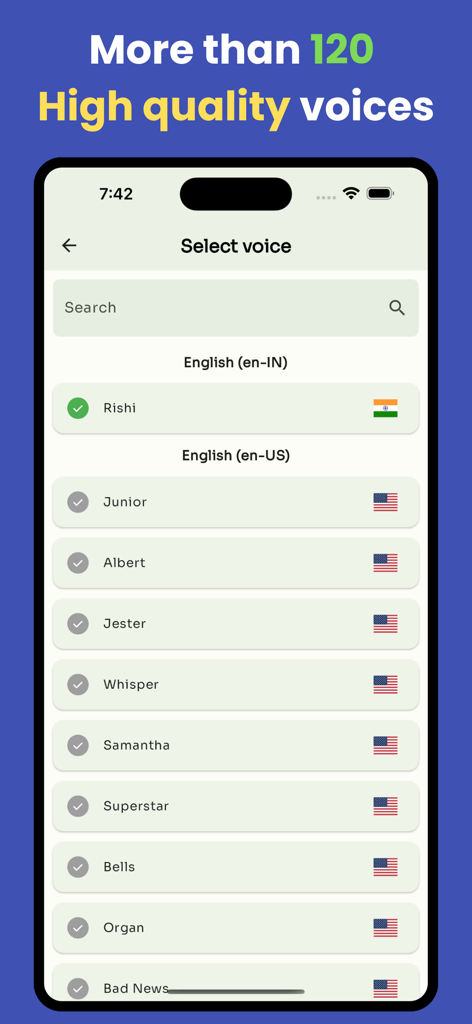 PDF read aloud - TTS - PDF読み上げアプリのインターフェースに、さまざまなアクセントを持つ120以上の高品質で自然な音声のリストが表示されている