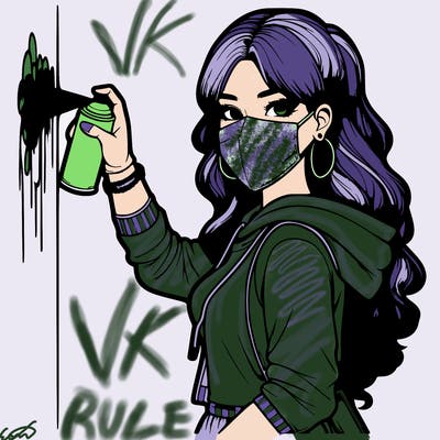 realistic girl with mask spray painting a wall