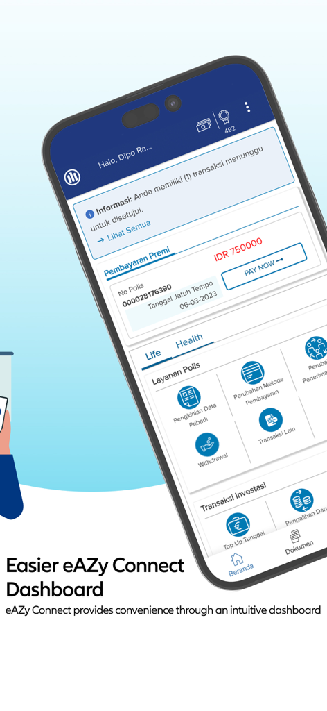 Allianz eAZy connect - Screenshot of the Allianz eAZy connect mobile dashboard showing insurance policy details and premium payment status