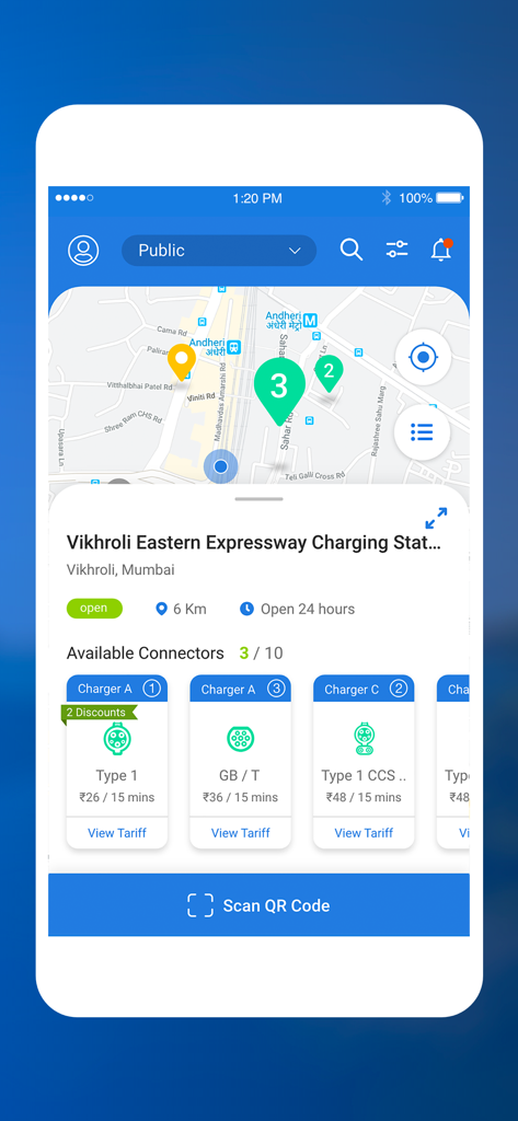 Tata Power EZ Charge - Benutzeroberfläche der App Tata Power EZ Charge, die Standorte von Ladestationen für Elektrofahrzeuge auf einer Karte und verfügbare Steckertypen anzeigt.