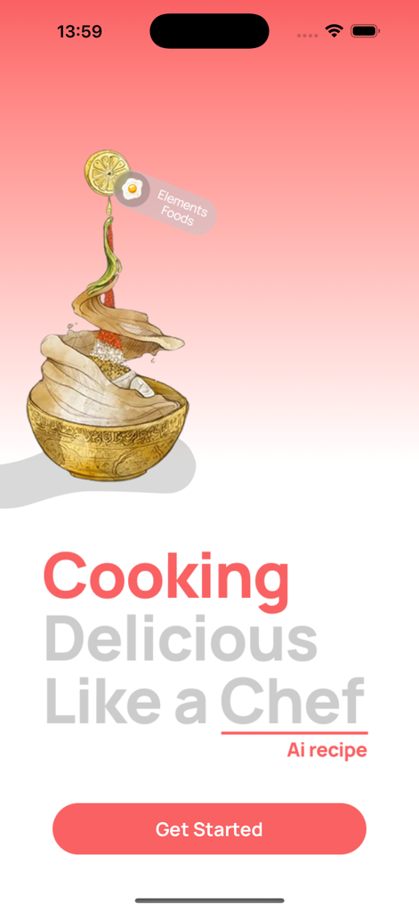 Chef Master AI welcome screen featuring an artistic food illustration and a get started button