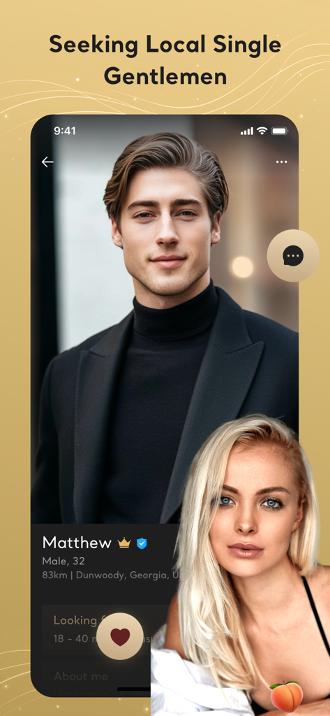 Elite Dating, Meet & Chat: AGR - Interface of the AGR elite dating app showing a profile of a verified male user named Matthew.