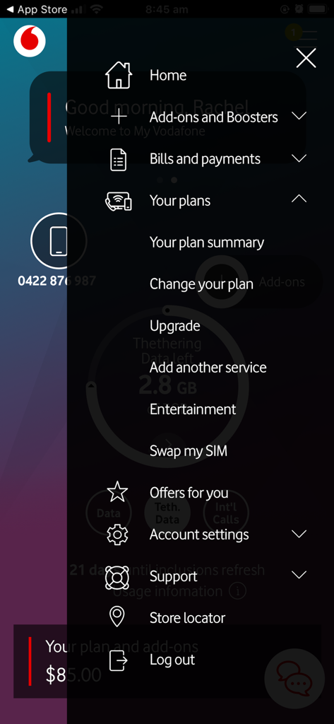 My Vodafone Australia - Menu di navigazione laterale dell'app mobile My Vodafone Australia che mostra la gestione dell'account e le opzioni del piano