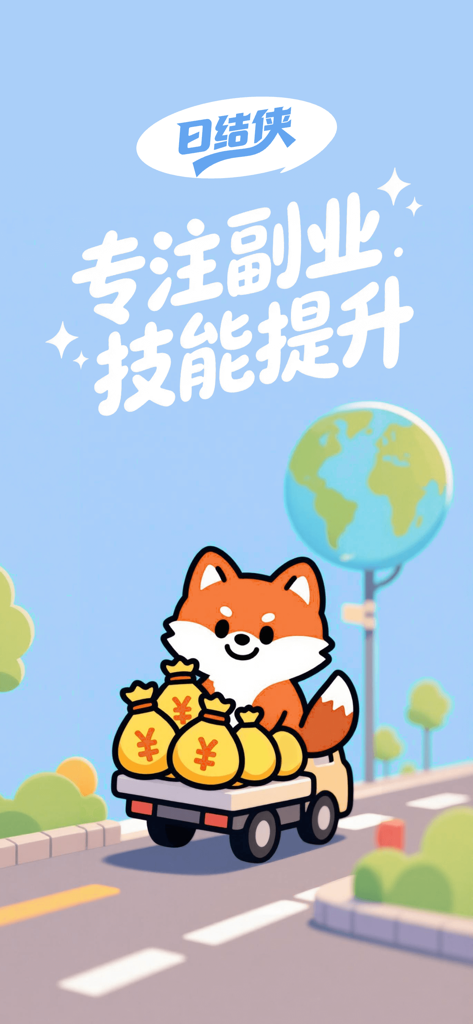 A cartoon fox driving a truck filled with money bags, representing the Daily Pay Hero app for side hustle skill development.