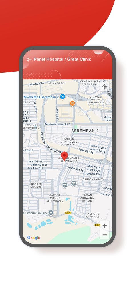 GETCare - GETCare mobile app showing a map interface for searching panel hospitals and clinics
