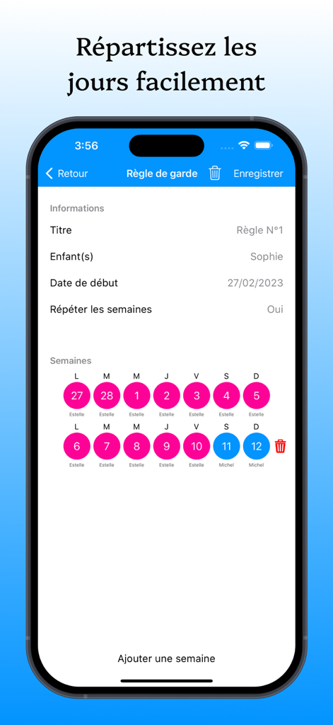 KidCal: Co-Parent Calendar App - KidCal app interface for setting up a color-coded recurring custody schedule