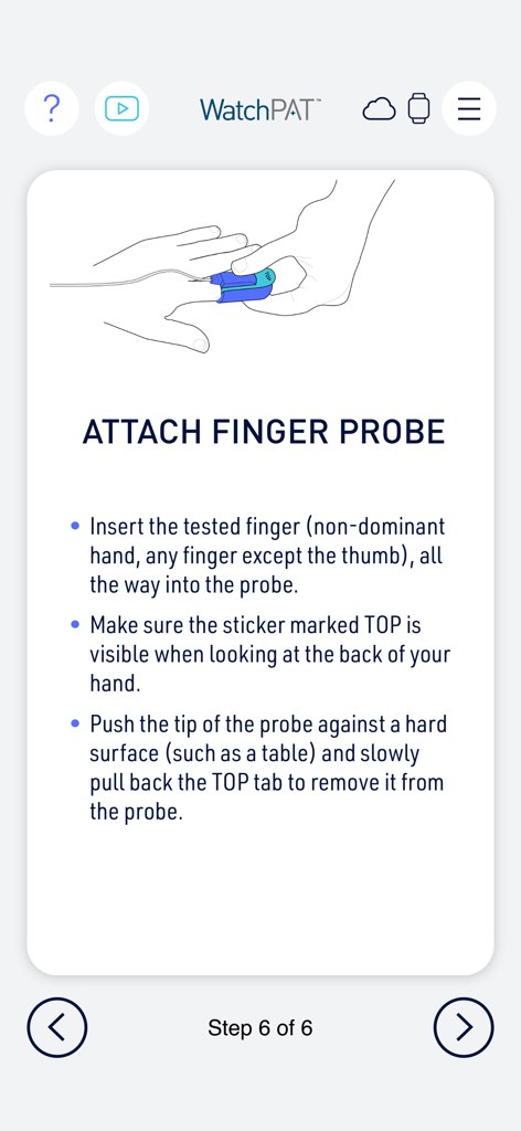 An illustrated guide within the WatchPAT app showing how to correctly attach the finger probe for a sleep study