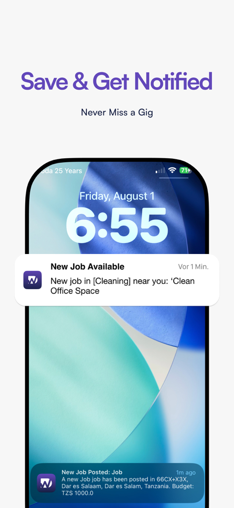 Alertas de trabajo de la aplicación Daywaka en la pantalla de bloqueo de un smartphone.