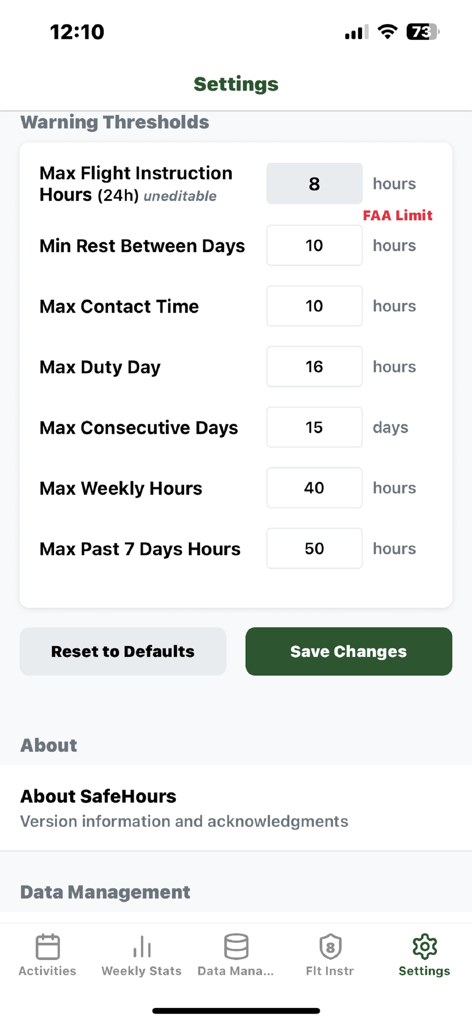 SafeHours - SafeHours settings screen showing customizable flight duty and rest warning thresholds for instructors