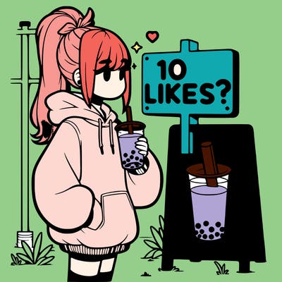 girl with oversized hoodie drinking boba and she has a high ponytail with a sign that says 10likes?