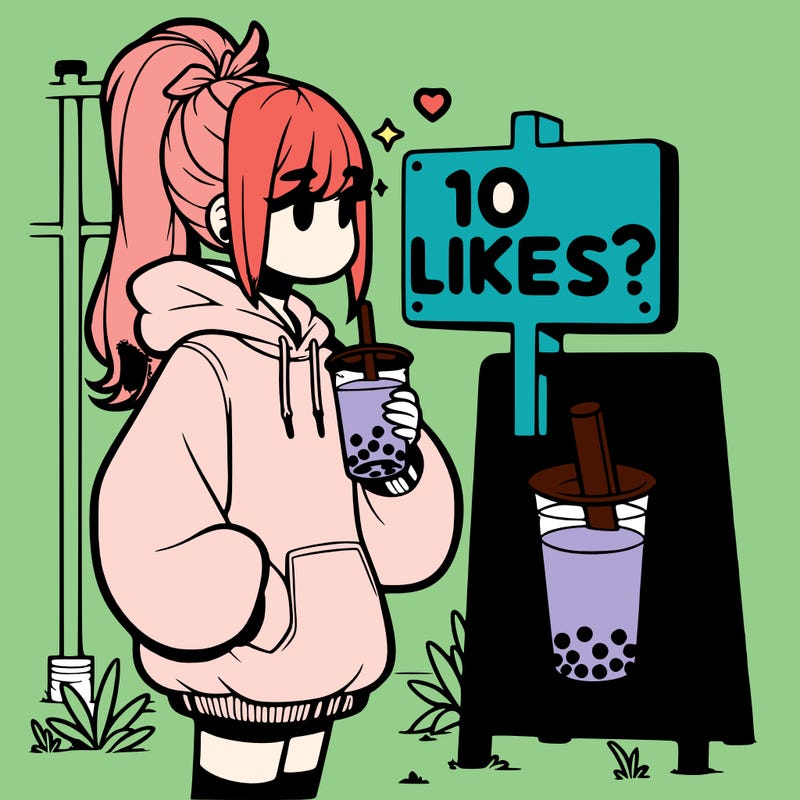 girl with oversized hoodie drinking boba and she has a high ponytail with a sign that says 10likes?