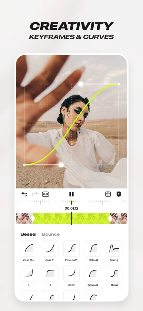 Interface do aplicativo Blurrr mostrando keyframes personalizados e curvas de animação para edição de vídeo profissional