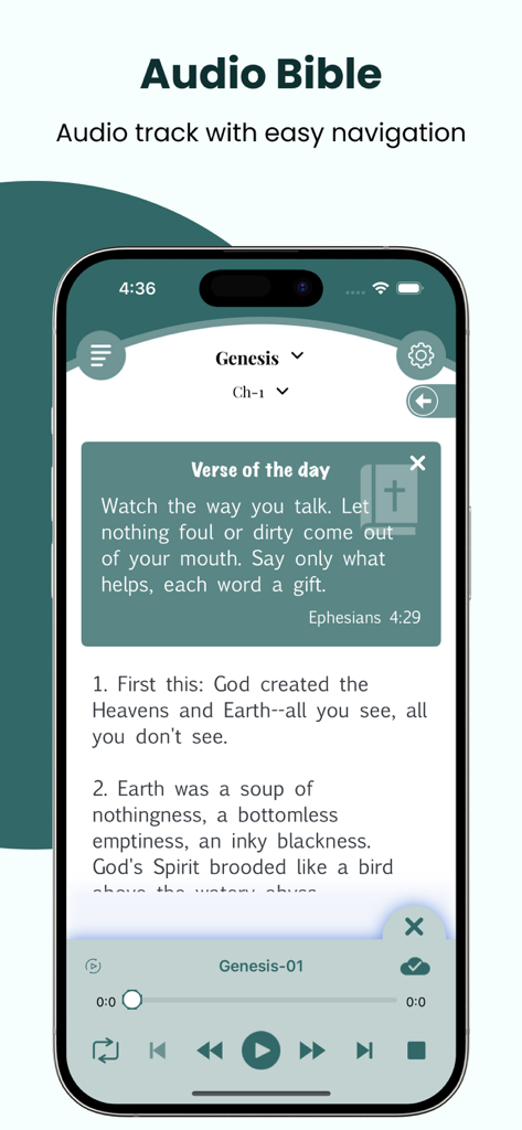 Message Bible app showing the audio player and daily verse feature