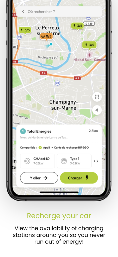 A map view in the Bip and Go app displaying electric vehicle charging station locations and availability.