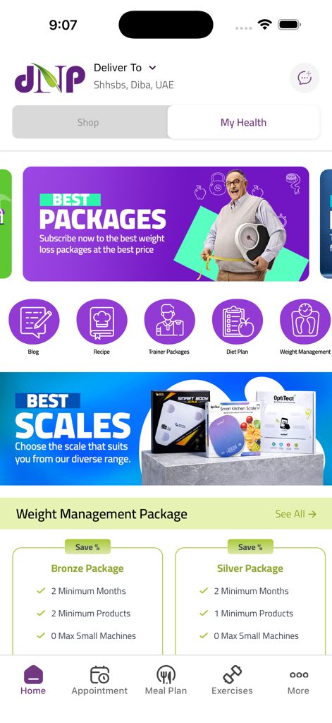 Dr Nutrition - Dr Nutrition app home screen showing health packages, diet plans, and exercise options under the My Health tab.