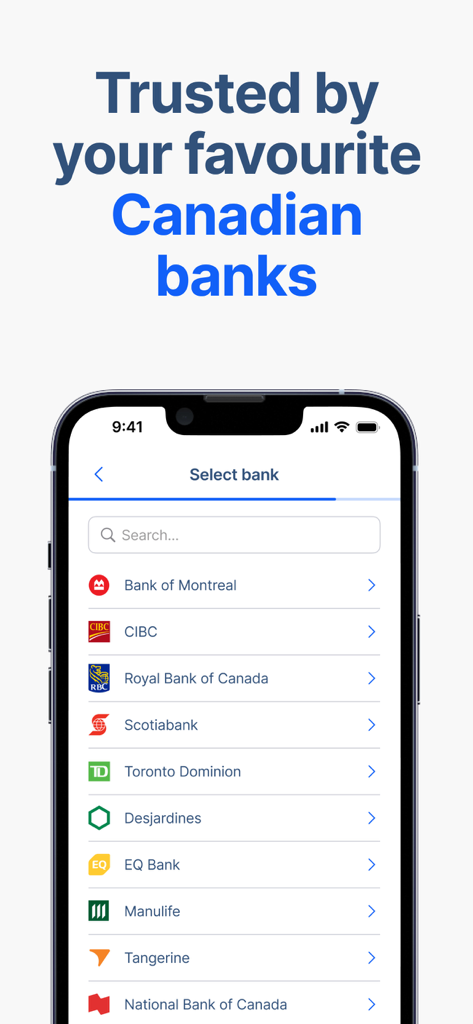RemitBee Quick Money Transfer - Smartphone screen showing a list of supported Canadian banks in the RemitBee app including RBC, TD, and Scotiabank.