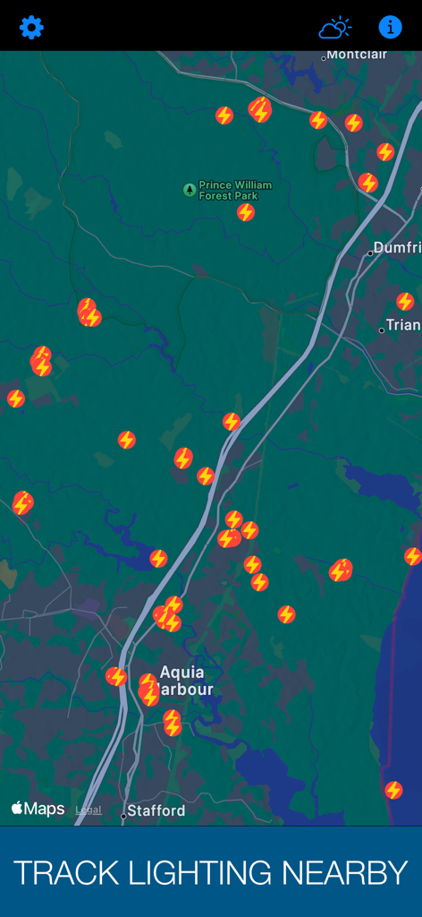 Mapa em tempo real exibindo locais de raios em uma área geográfica específica