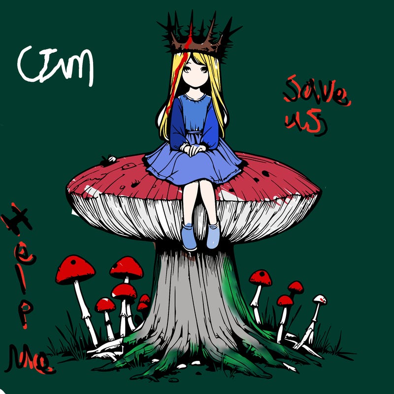 realistic girl sitting on a huge tree stump size toadstool with thorn crown