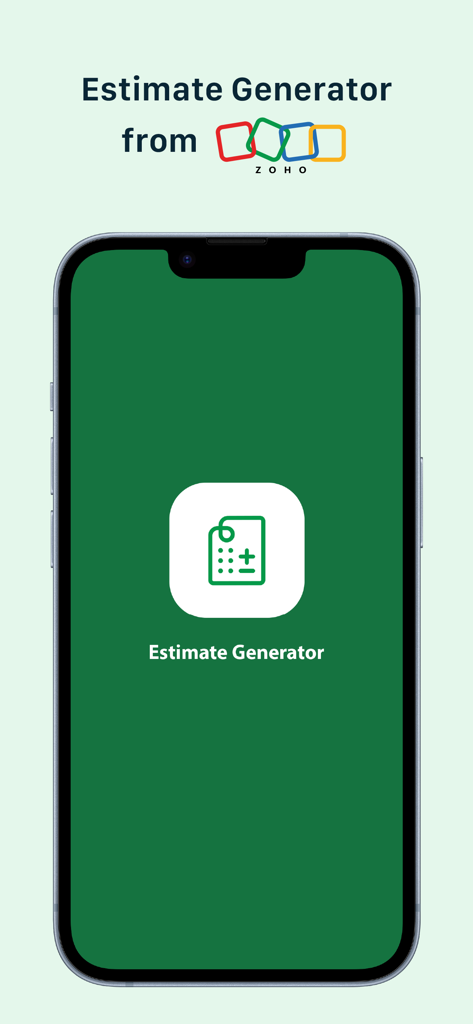 The splash screen of the Estimate Generator mobile app from Zoho showing the logo on a green background