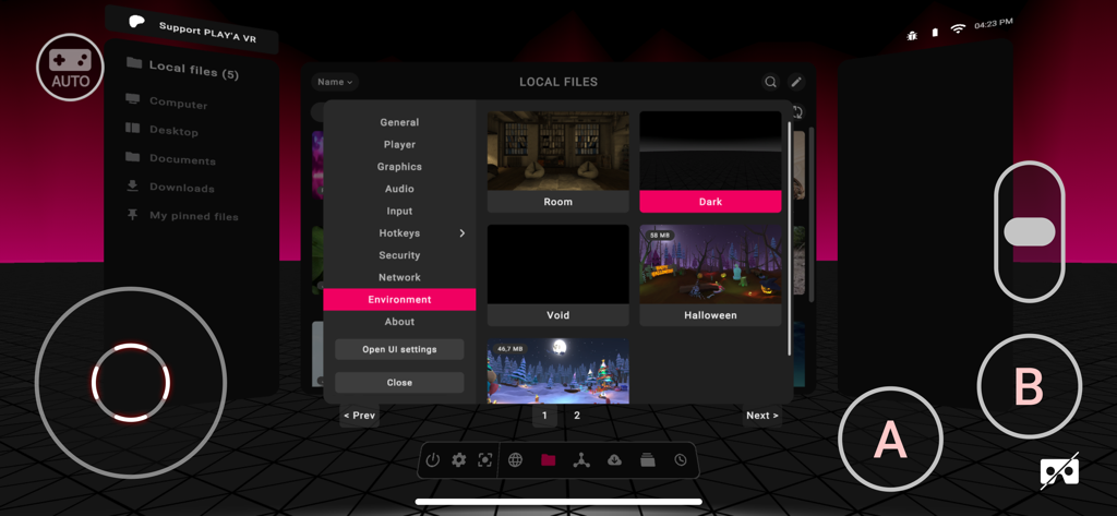 PLAYA VR video player interface showing environment selection menu and local file navigation