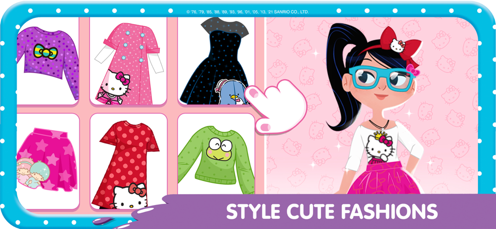 Character customization screen with cute Sanrio themed outfits in Hello Kitty Nail Salon
