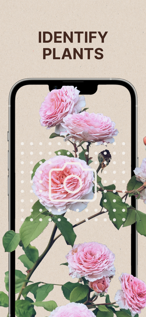 GARDENIZE Plant Care Gardening - Gardenize app smartphone screen showing the plant identification feature with a camera icon over pink roses