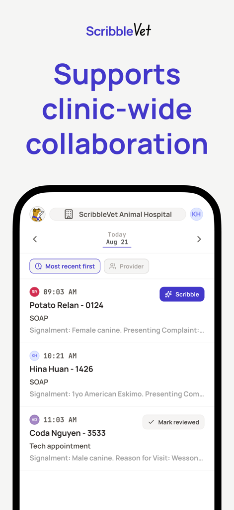 ScribbleVet app dashboard showing clinic wide collaboration and a list of veterinary patient medical records