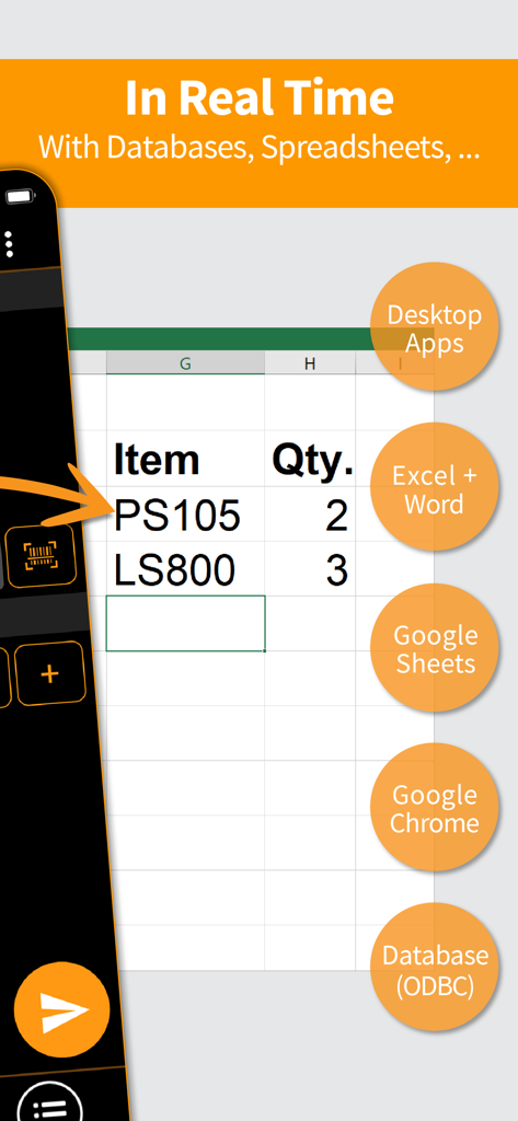 Scan-IT to Office - Scan-IT to Office app demonstrating real-time barcode data transfer from a mobile phone to a spreadsheet and database