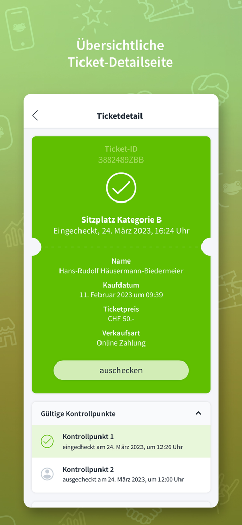 Entry - Ein Smartphone-Bildschirm, der validierte Ticketdetails und die Check-in-Historie in der Eventfrog Entry-App anzeigt.